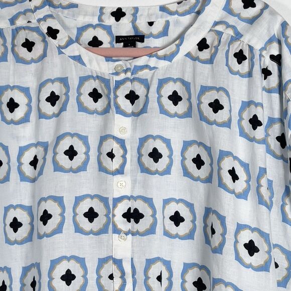 Ann Taylor Geo Linen Popover Short Sleeve Top Sz L Multicolor Relaxed 1/4 Button - Picture 4 of 11